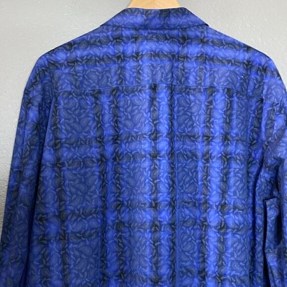 Bugatchi Uomo Dark Blue Medium Blue Plaid Paisley Print Button Down Dress Shirt - Picture 9 of 15